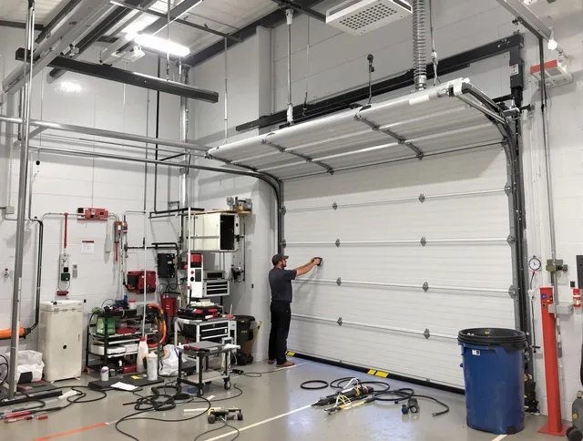 North Royalton Garage Door Repair certified technician performing commercial door repair at a North Royalton business facility