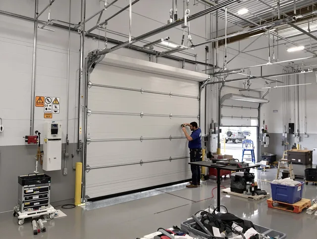 Commercial garage door repair being performed by North Royalton Garage Door Repair expert in North Royalton