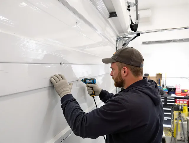 North Royalton Garage Door Repair technician demonstrating precision dent removal techniques on a North Royalton garage door