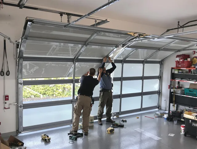 North Royalton Garage Door Repair expert performing precise panel replacement on North Royalton garage door