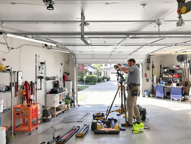 North Royalton Garage Door Repair specialist performing laser-guided track alignment in North Royalton